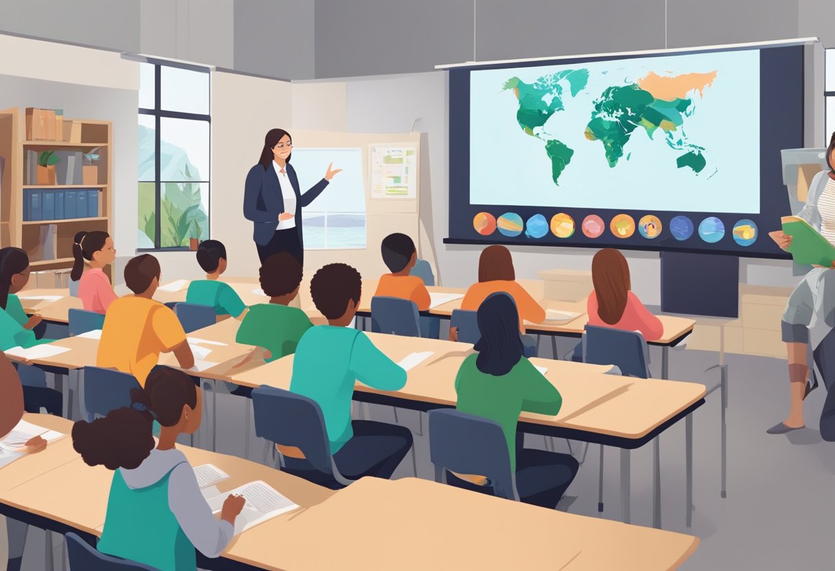 A classroom setting with a large screen displaying an educational explainer video about advocacy in New Zealand. Students and a teacher are engaged in watching and discussing the video