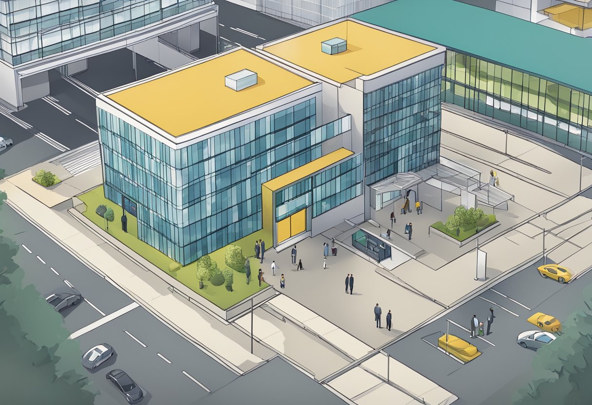 An office building with a sign reading "Frequently Asked Questions corporate animation Wellington" surrounded by people in business attire