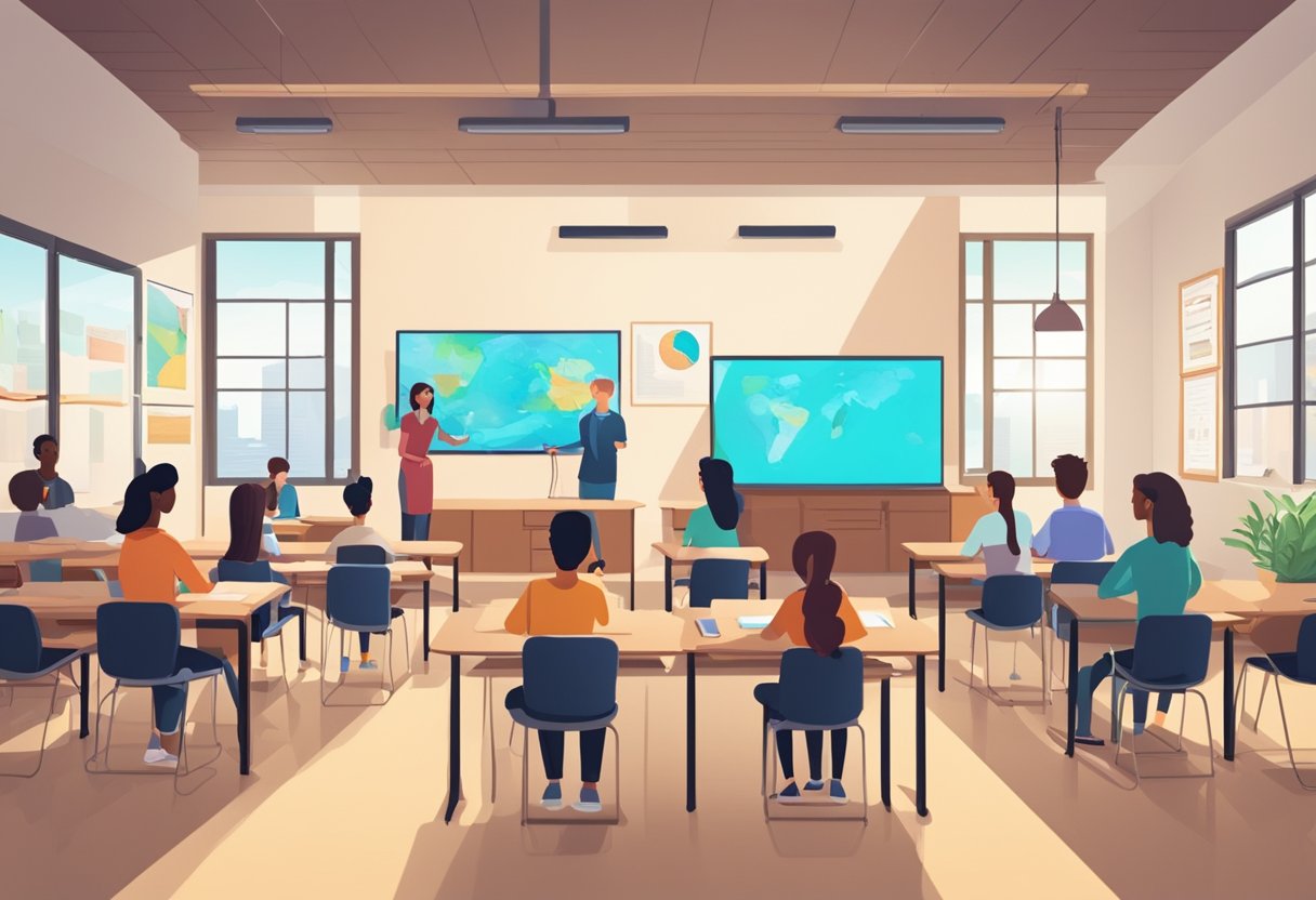 A classroom setting with a large screen showing an educational explainer video, while students and a teacher engage with the content