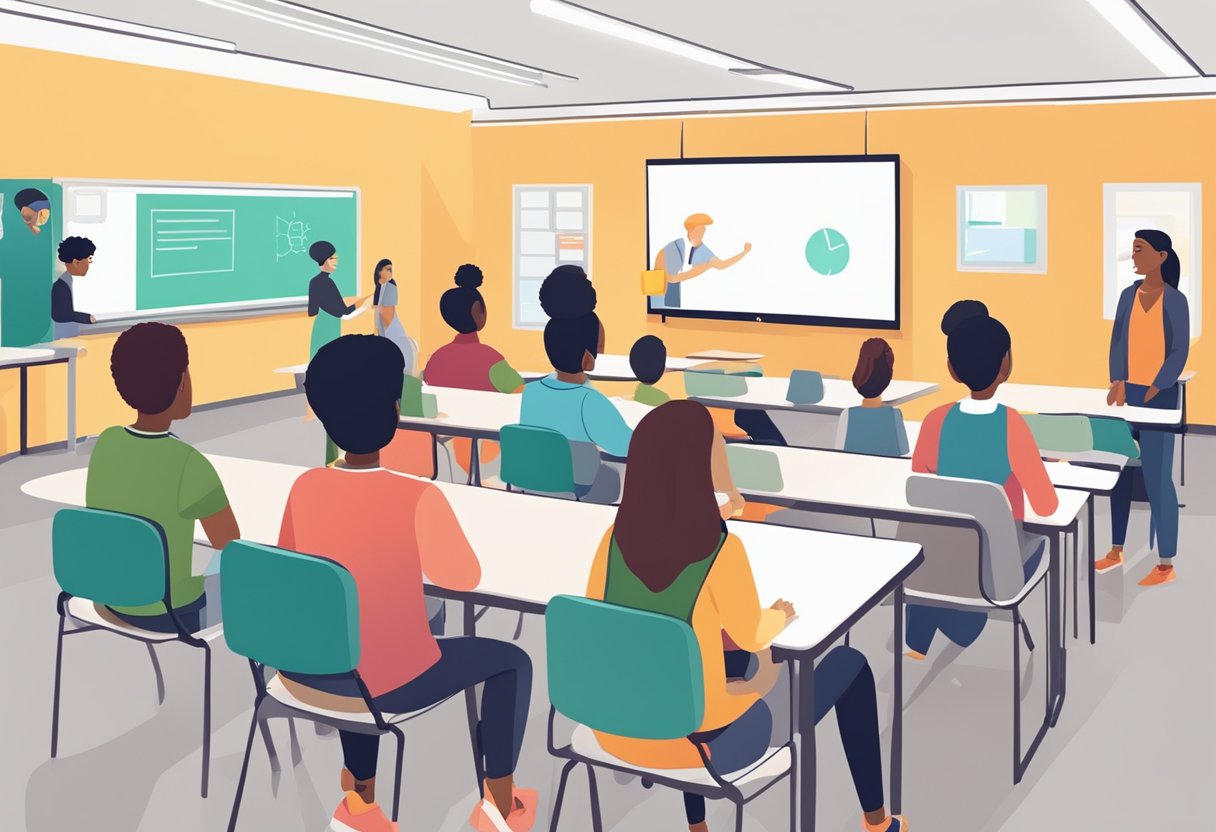 A classroom setting with students watching educational explainer videos on a screen, with engaged expressions and a teacher nearby