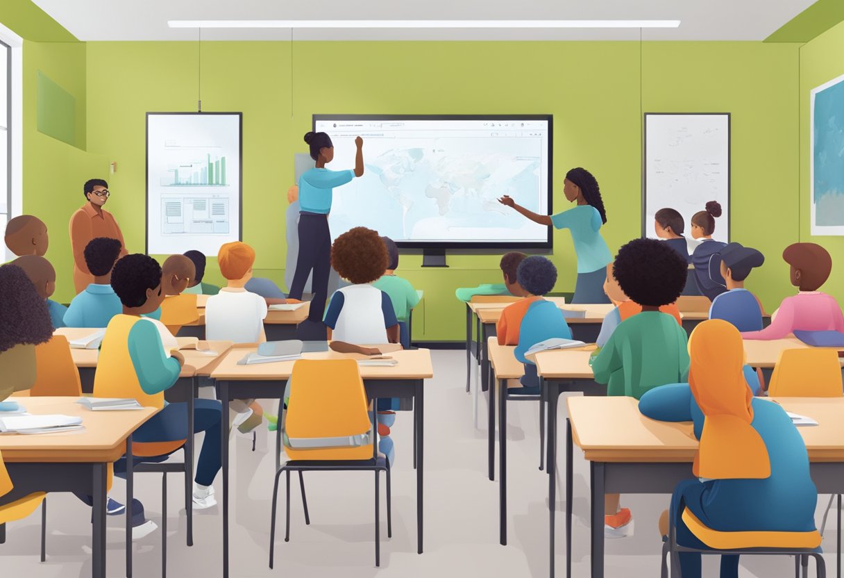 A group of diverse students engage with interactive educational animations in a modern classroom setting in Christchurch