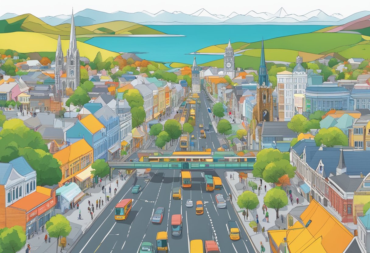 A bustling cityscape with vibrant educational animations overlaying iconic landmarks in Christchurch