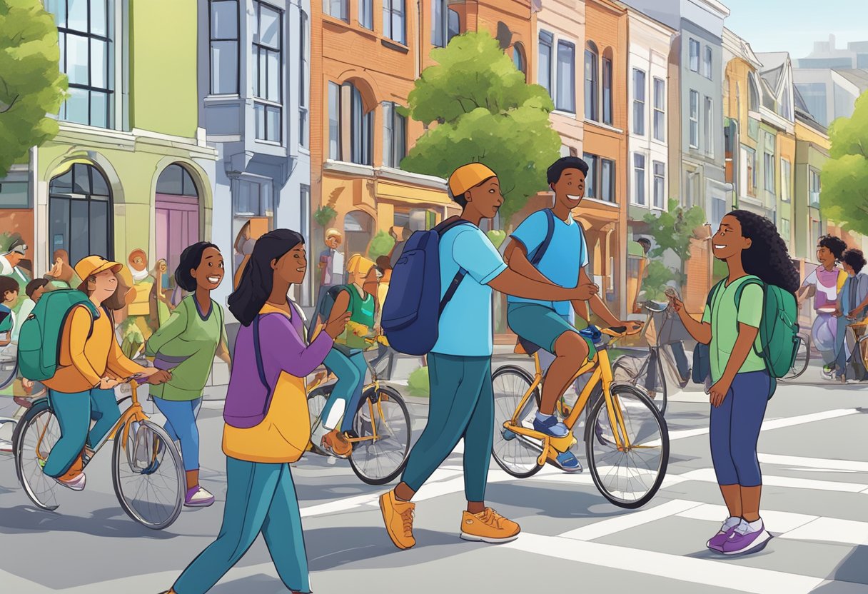 A diverse group of animated characters engage in interactive activities within the vibrant city of Christchurch, promoting student wellbeing through engaging educational animations