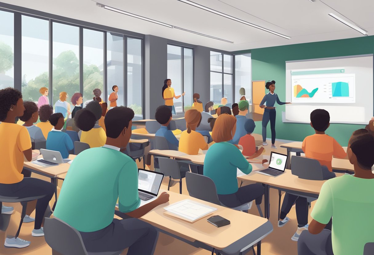 A group of diverse students engage with interactive educational animations in a modern classroom in Christchurch