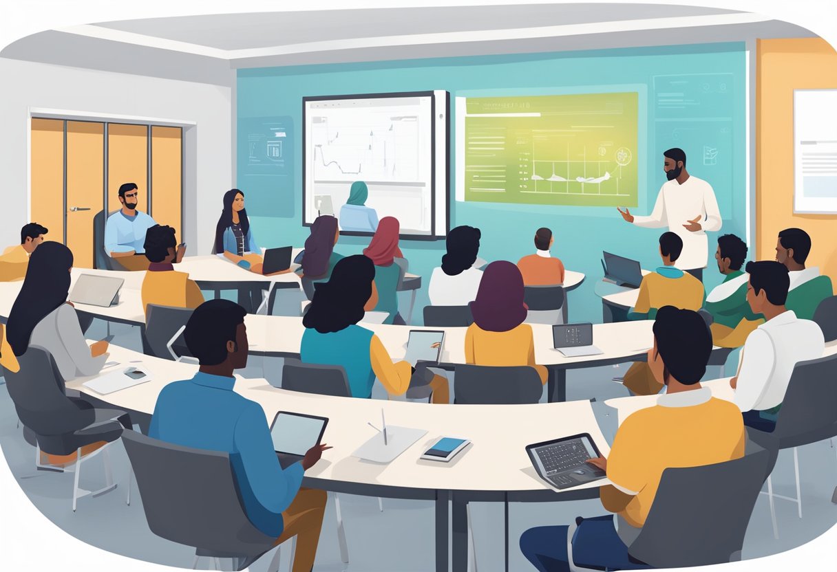 Students engaging in group discussions with digital devices in a modern classroom at Qatar University