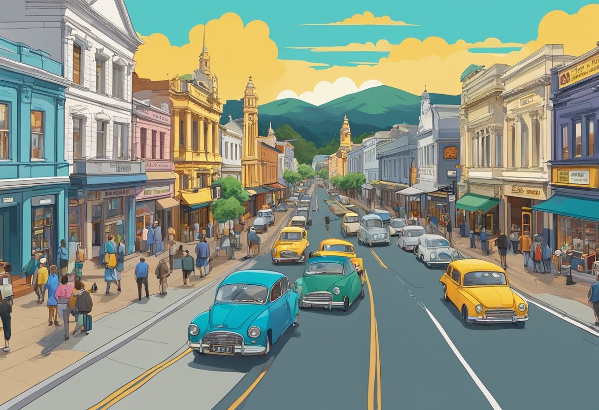 A bustling street in Hamilton, NZ, with colorful animation studios and historic buildings lining the road. Bright signs and posters advertise the city's rich history of animation