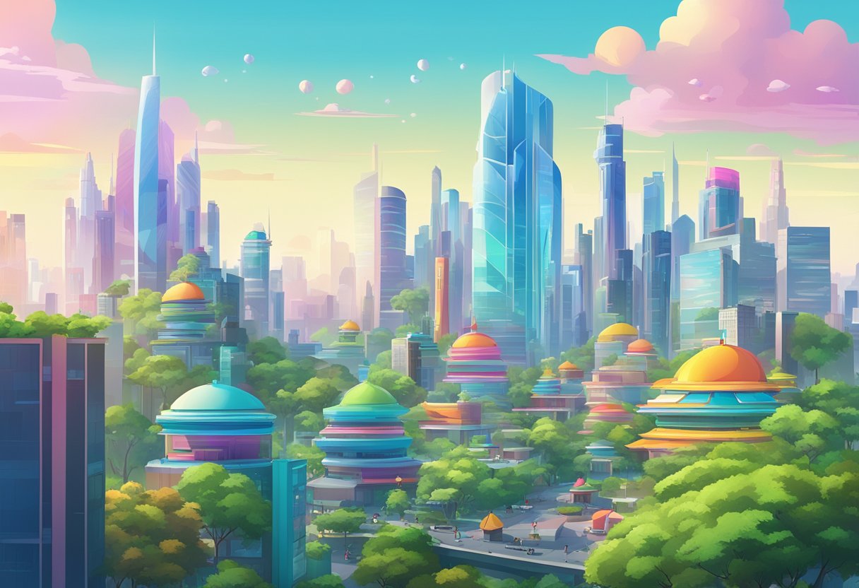 A vibrant city skyline with colorful, futuristic buildings and animated billboards, surrounded by lush greenery and a clear blue sky