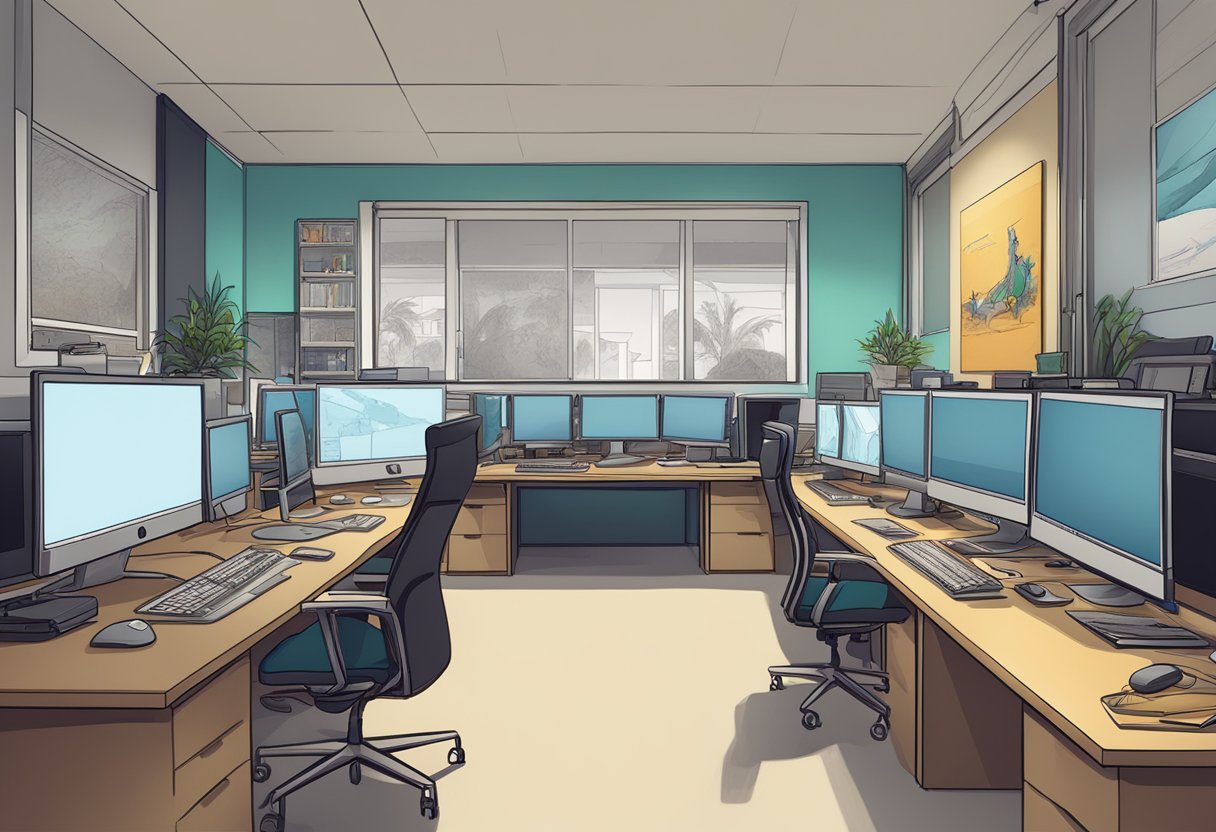 A modern animation studio in Hamilton, NZ, filled with computers, drawing tablets, and colorful storyboards