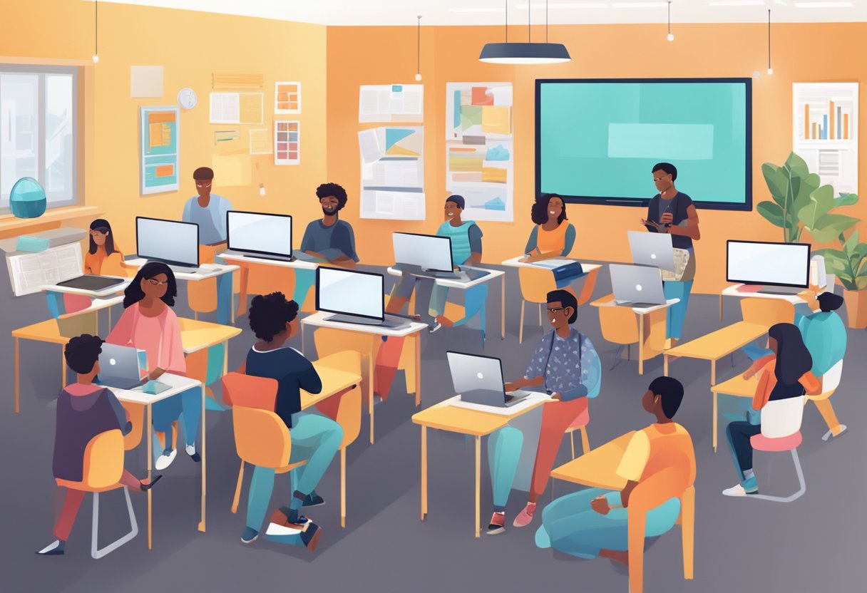 A diverse group of students engage with digital content in a modern classroom setting, surrounded by interactive technology and educational resources