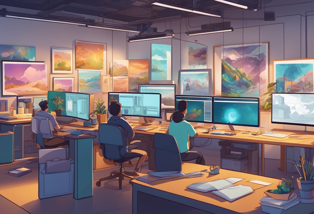 A bustling animation studio with artists at work, surrounded by colorful concept art and storyboards. Bright computer screens illuminate the room