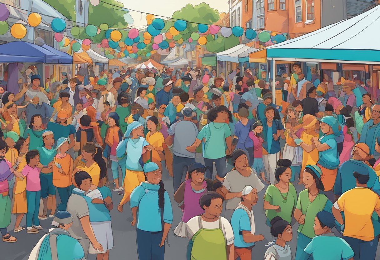 A bustling street festival in Hamilton, NZ, filled with colorful animated characters from various cultures, dancing and interacting with a diverse crowd