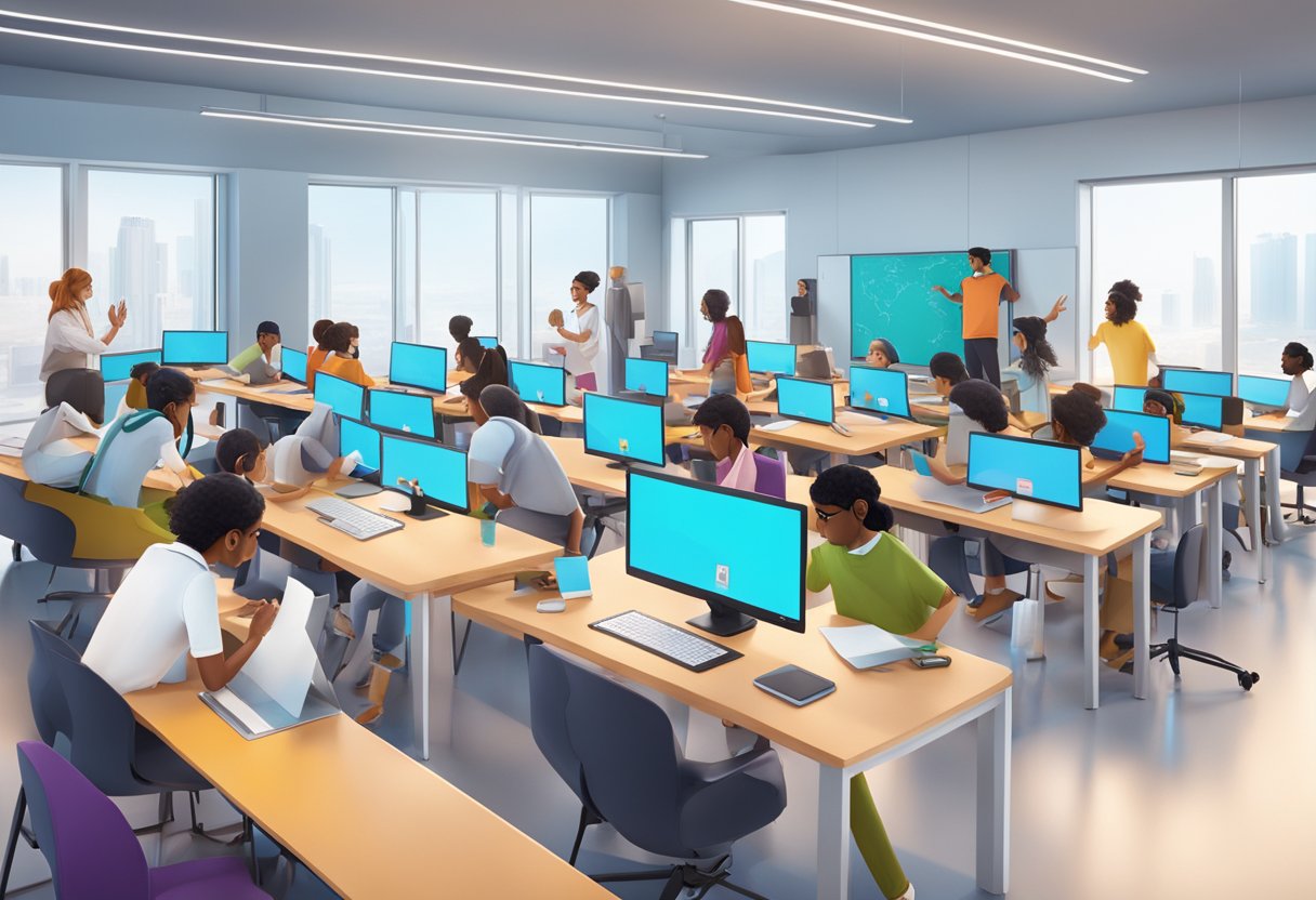 Students working together in a modern, open-concept classroom in Qatar, using technology and interactive tools to collaborate on projects beyond traditional learning methods