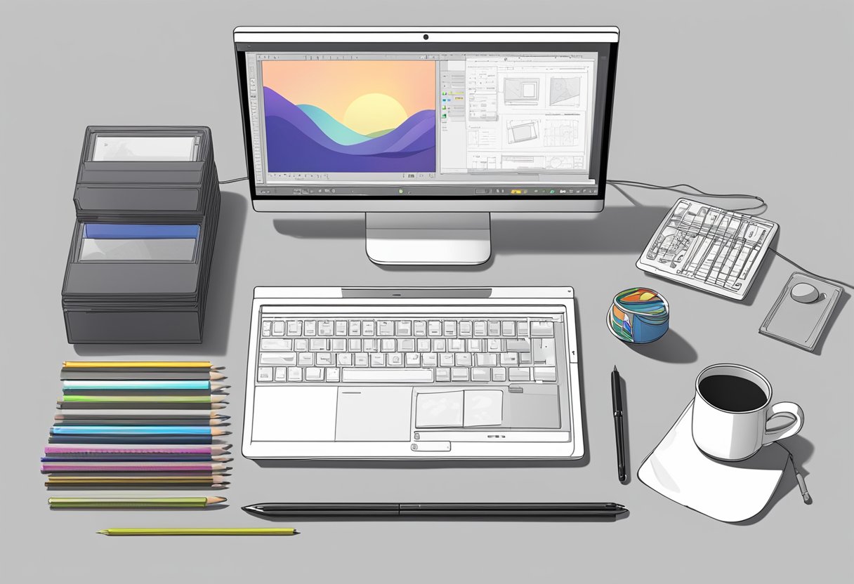 A computer with drawing tablet and stylus, surrounded by animation software and reference materials