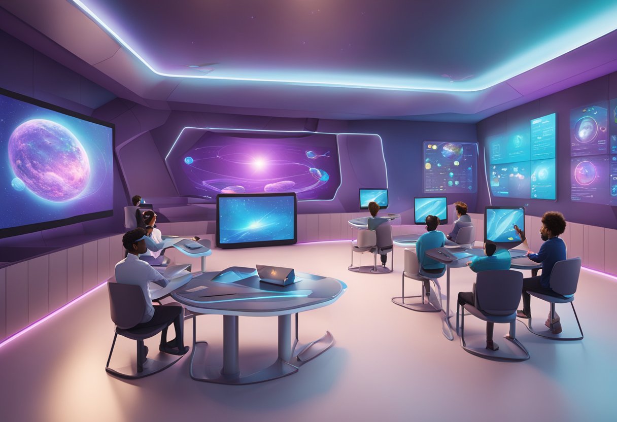 A futuristic classroom in Qatar features interactive screens, holographic displays, and virtual reality headsets for immersive learning experiences