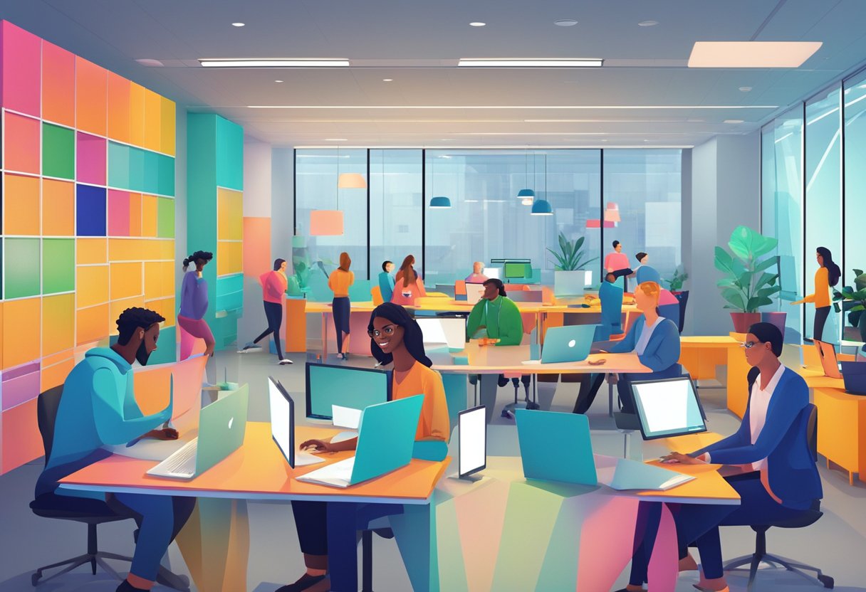 A group of animated figures meet and exchange ideas in a vibrant, modern workspace in Hamilton, New Zealand. Computer screens display networking and collaboration concepts