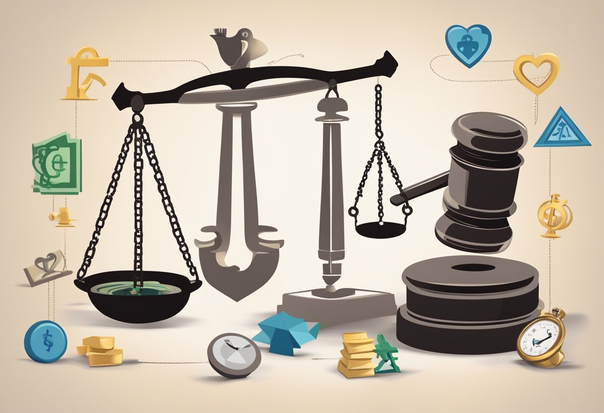 A scale balancing a gavel and a heart, surrounded by a web of interconnected ethical and legal symbols
