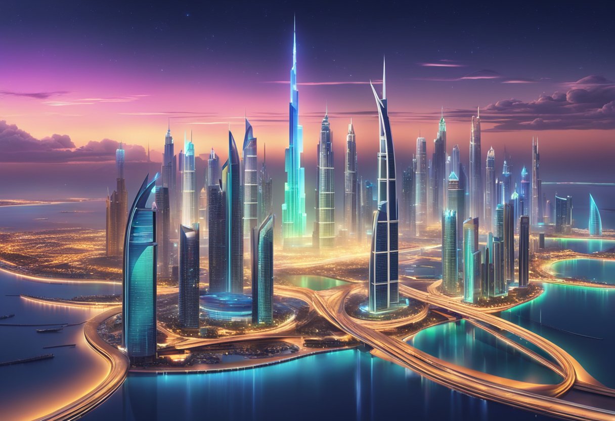 A futuristic cityscape with vibrant, pulsating motion graphics and visual effects illuminating the skyline of Dubai