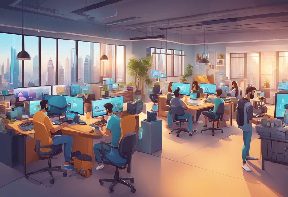 A bustling animation studio in Dubai, with artists creating vibrant characters and scenes inspired by social media trends