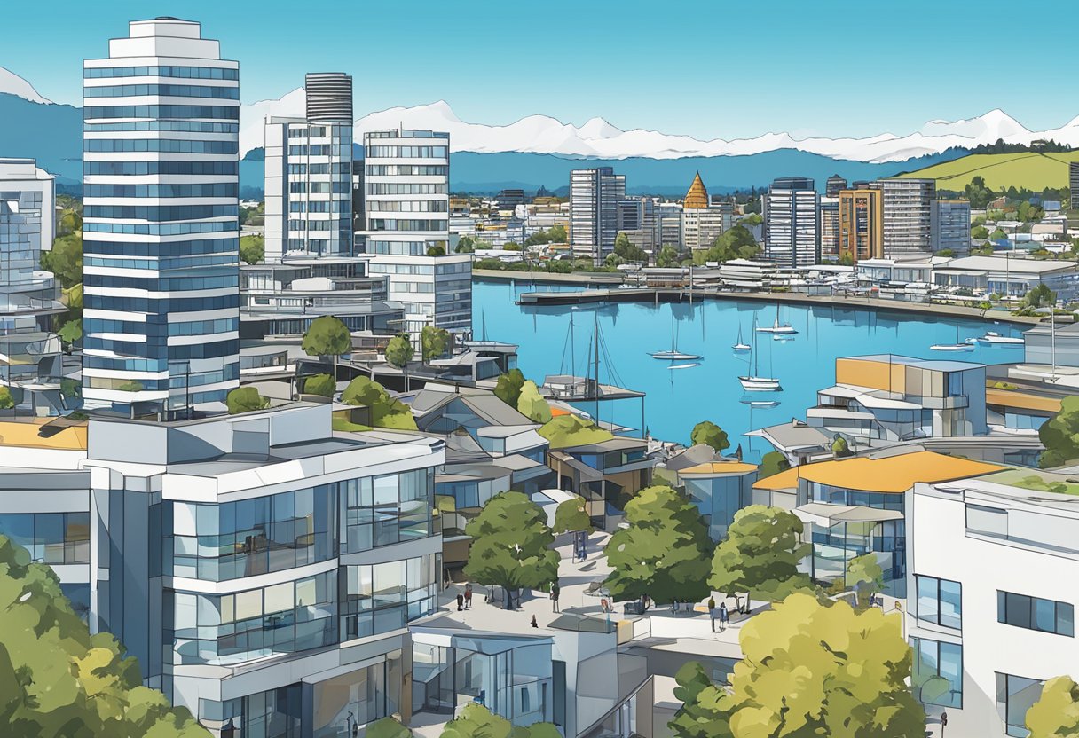 A cityscape with modern buildings, a waterfront, and a clear blue sky in Tauranga, New Zealand