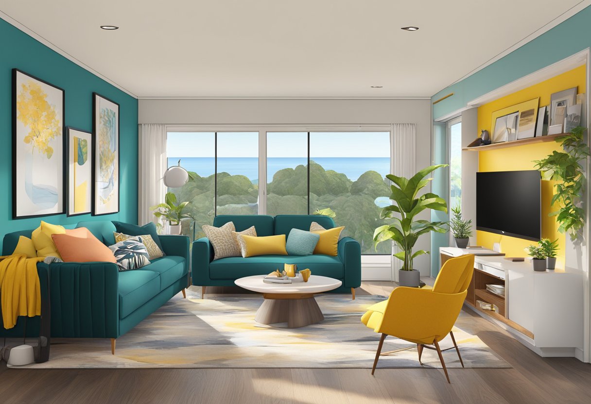 An animated room with modern furniture and vibrant colors, showcasing Interior Design Visions services in Tauranga