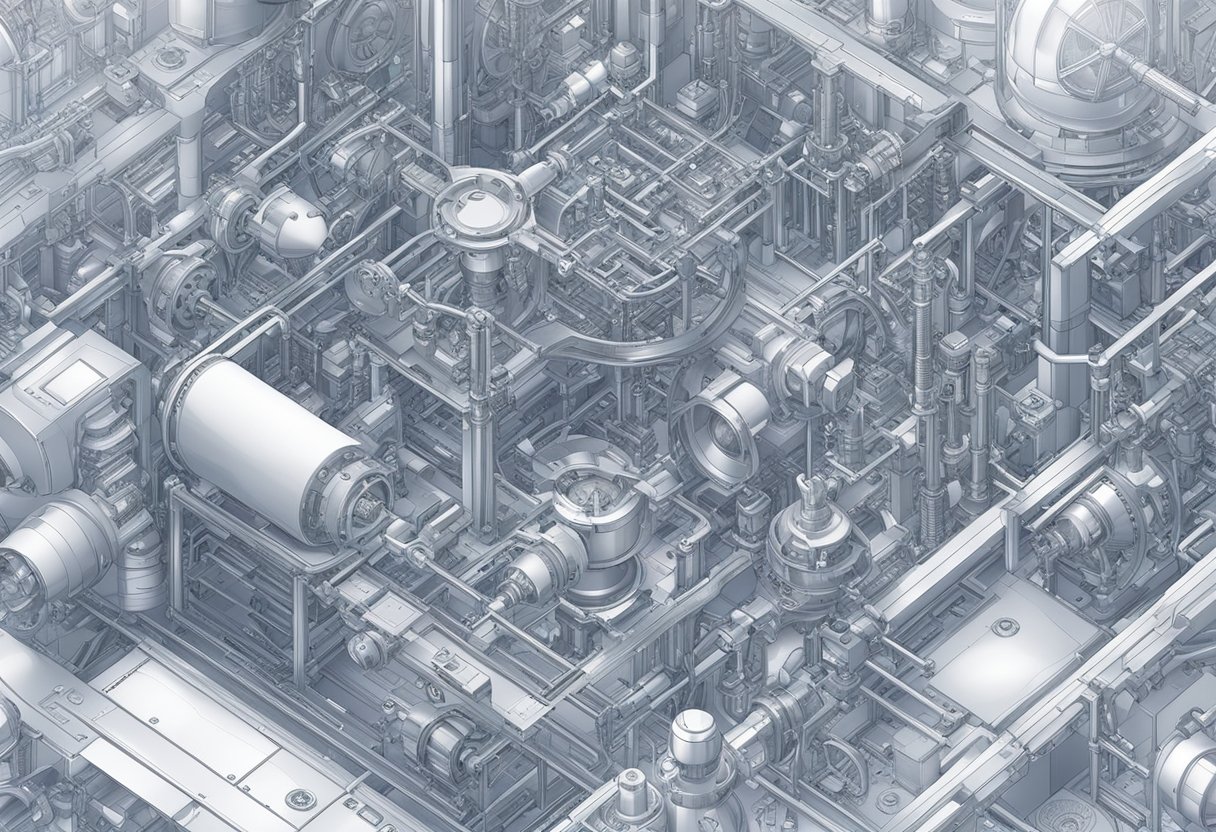 A detailed blueprint of a complex mechanical structure, surrounded by precision tools and computer monitors, with a focus on intricate design and engineering elements