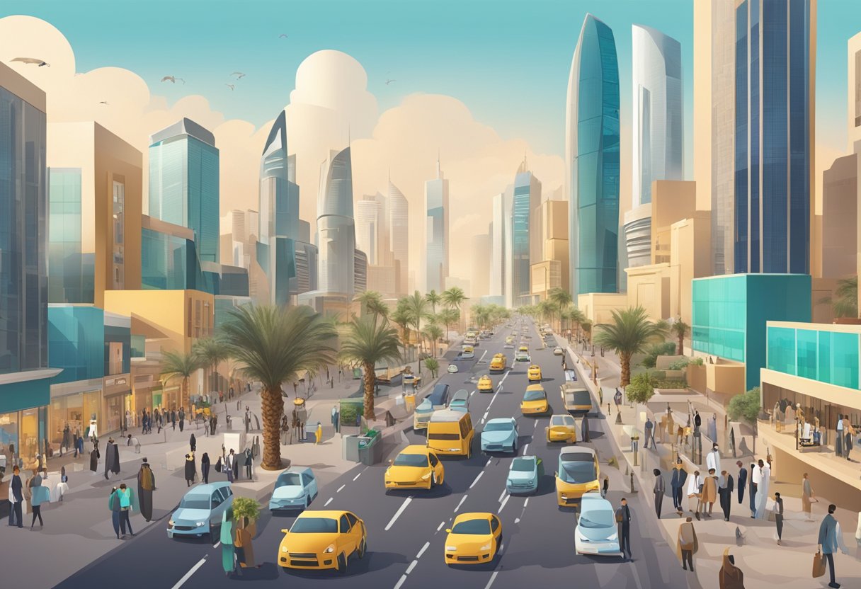 A bustling cityscape in Riyadh with modern buildings, busy streets, and people networking and engaging in marketing activities