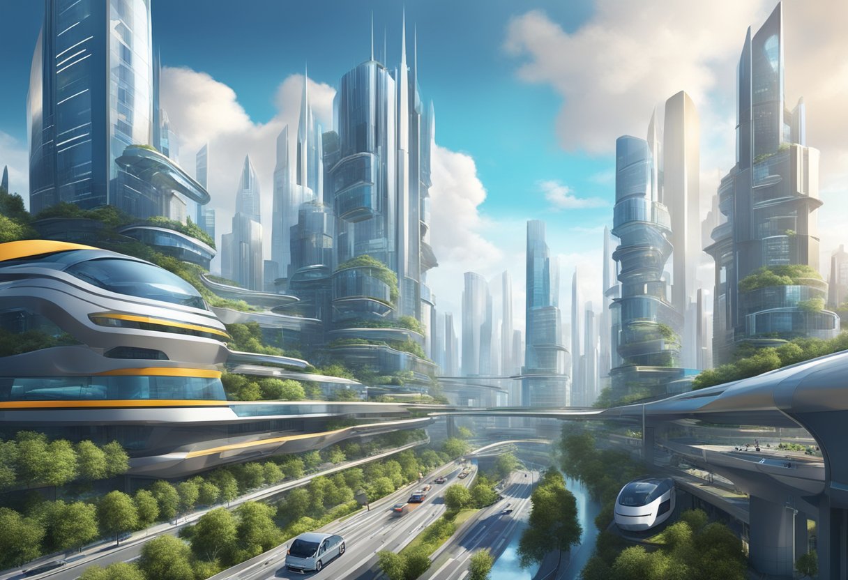 A futuristic cityscape with sleek buildings and advanced technology integrated into the infrastructure