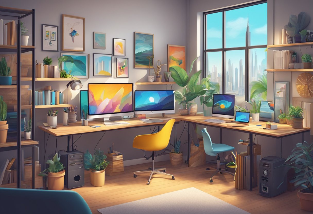 A modern animation studio in Dubai with computers, drawing tablets, and creative workstations. Brightly lit and filled with artistic inspiration