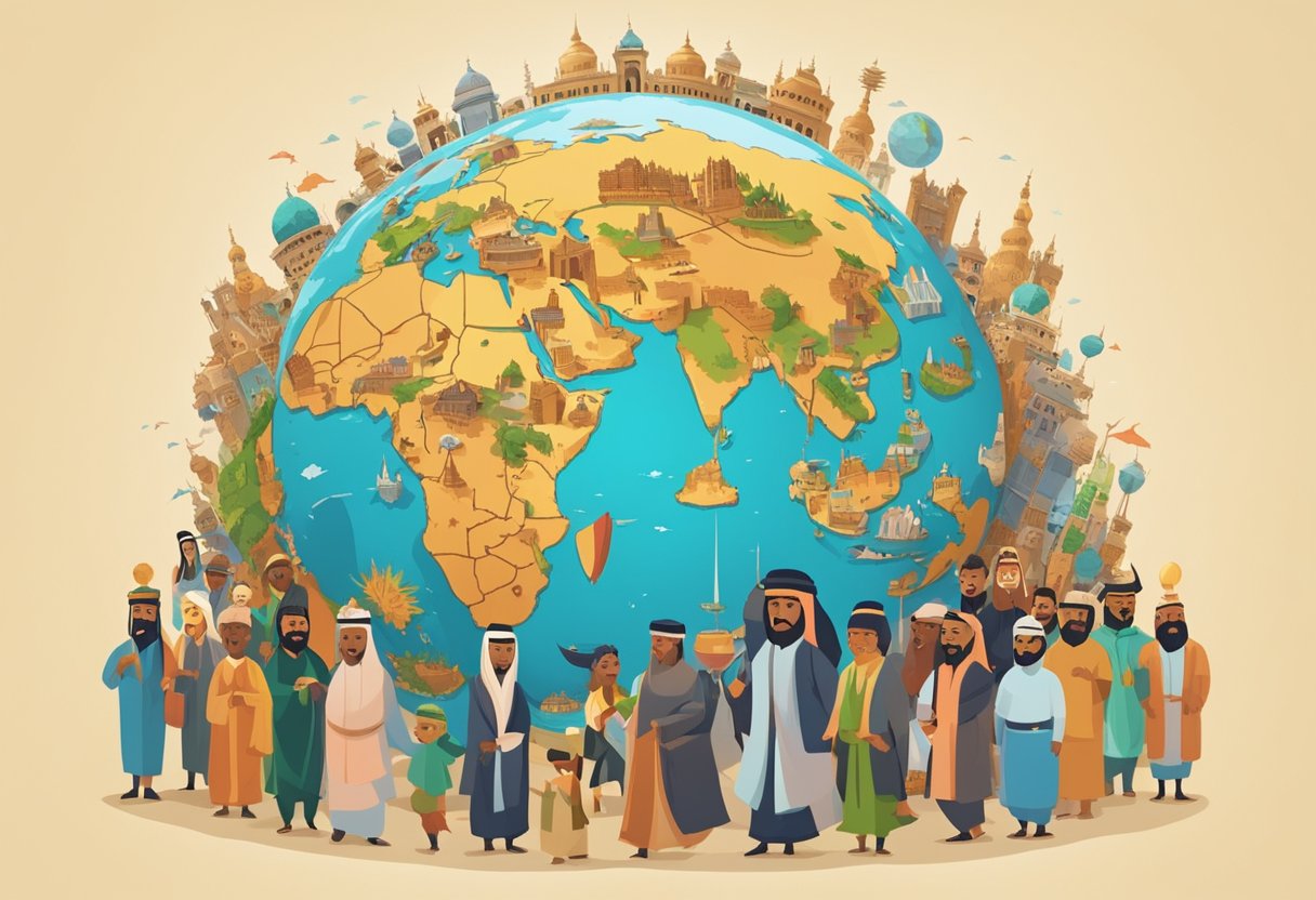 A globe surrounded by animated characters representing different cultures, with Riyadh at the center
