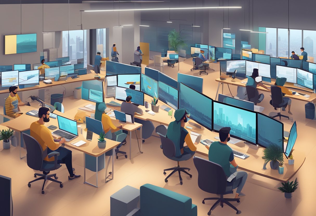 A bustling animation studio in Dubai, with diverse creative teams working on regional impact projects