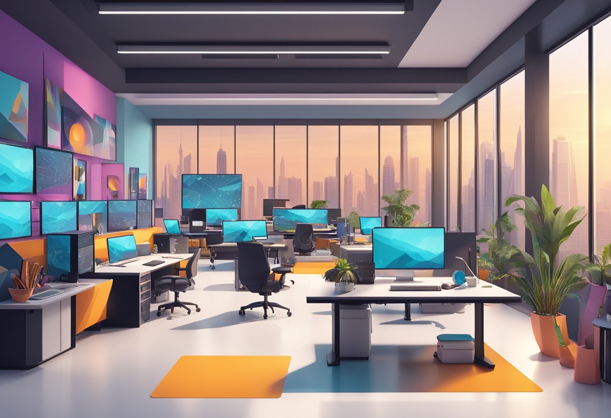 An animation studio in Dubai with a modern, sleek design and vibrant color palette. Multiple workstations, computers, and creative tools are visible