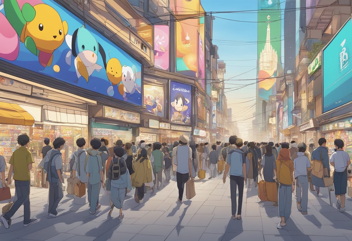 A bustling Riyadh street lined with colorful billboards featuring popular anime characters, as excited fans gather outside a custom animation store