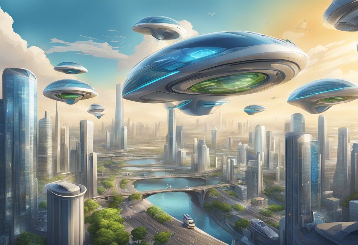A bustling cityscape with futuristic architecture and advanced technology, featuring flying vehicles and sustainable infrastructure