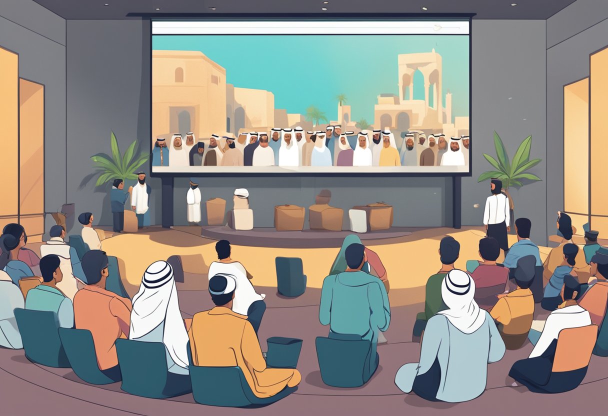 A group of people gathered around a large screen, watching a custom animation about frequently asked questions in Riyadh