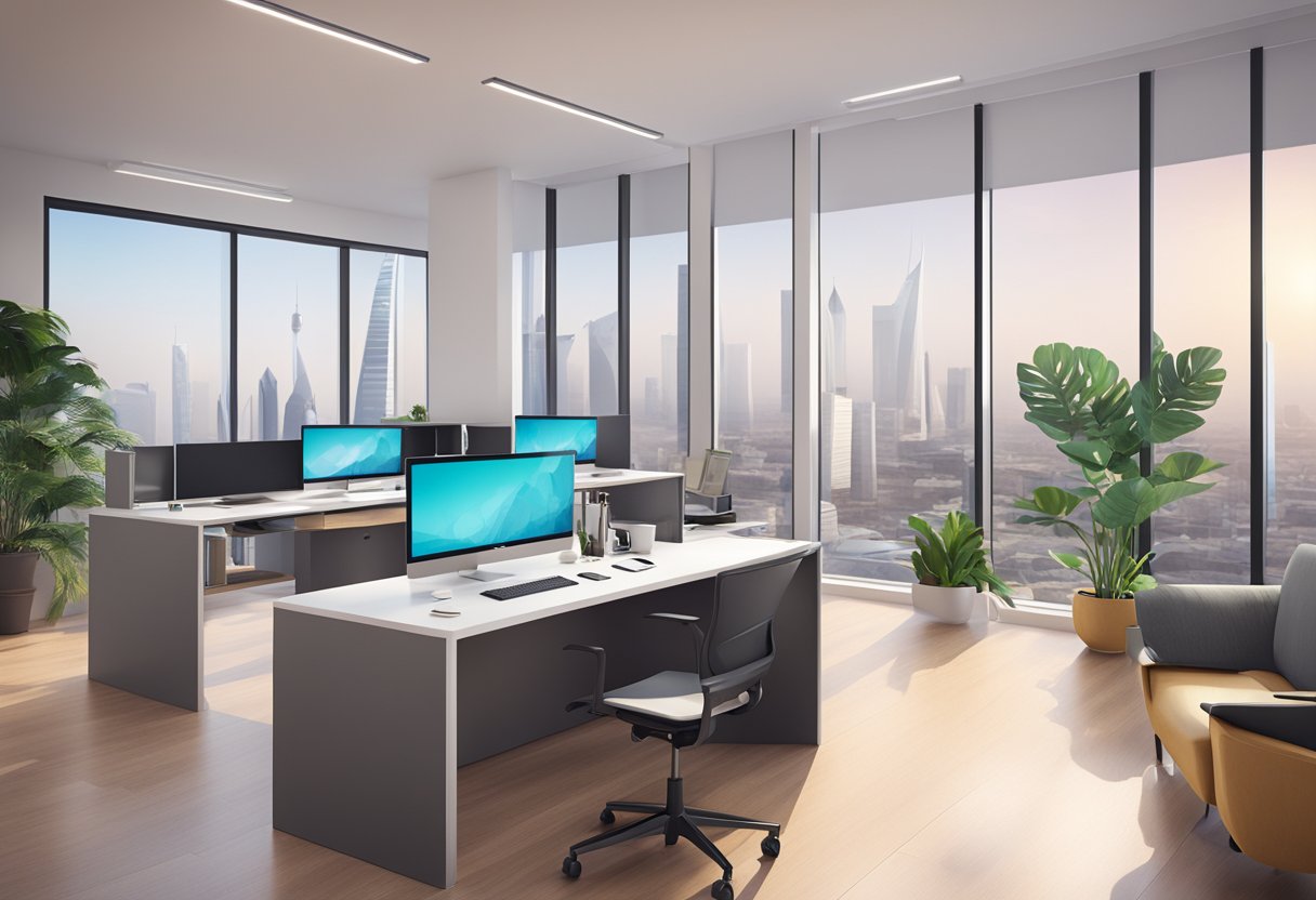 A modern office setting with a sleek video production setup and corporate branding, set in Riyadh, Saudi Arabia