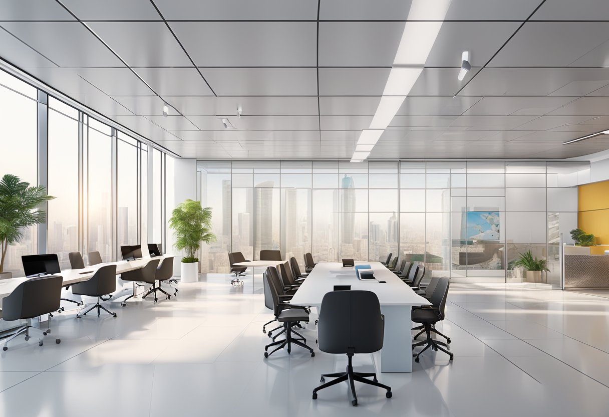 A sleek, modern office setting in Saudi Arabia with animated graphics seamlessly integrated into marketing presentations