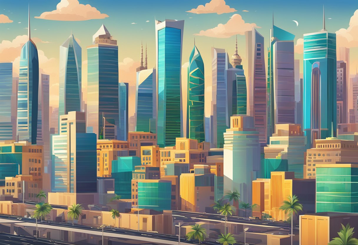 A bustling cityscape in Saudi Arabia, with modern skyscrapers and corporate buildings dominating the skyline. The scene is filled with vibrant colors and energetic activity