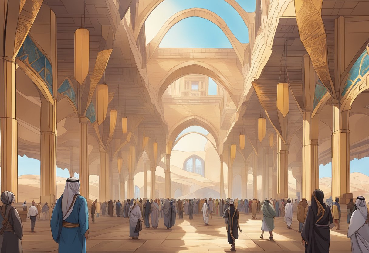 A bustling convention hall with gaming and animation displays, surrounded by Middle Eastern architecture and desert landscapes