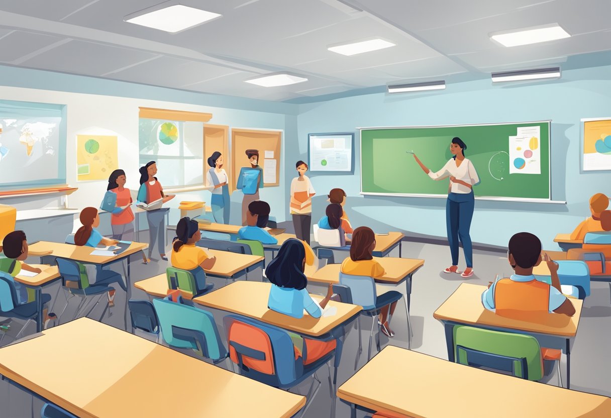 A classroom setting with students engaged in learning activities, a teacher presenting educational content, and visual aids such as whiteboards or projectors