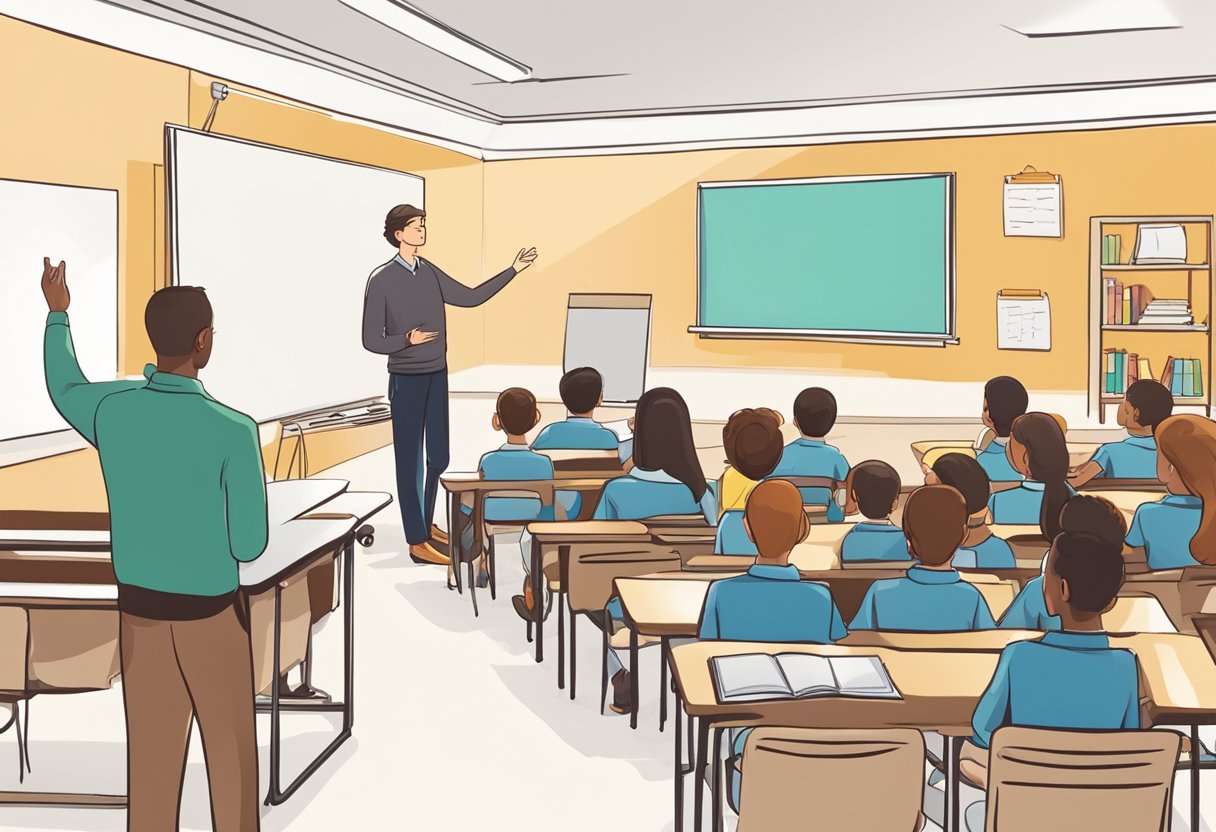 A classroom setting with a teacher or presenter standing in front of a whiteboard or screen, surrounded by students or audience members, with visual aids and educational materials
