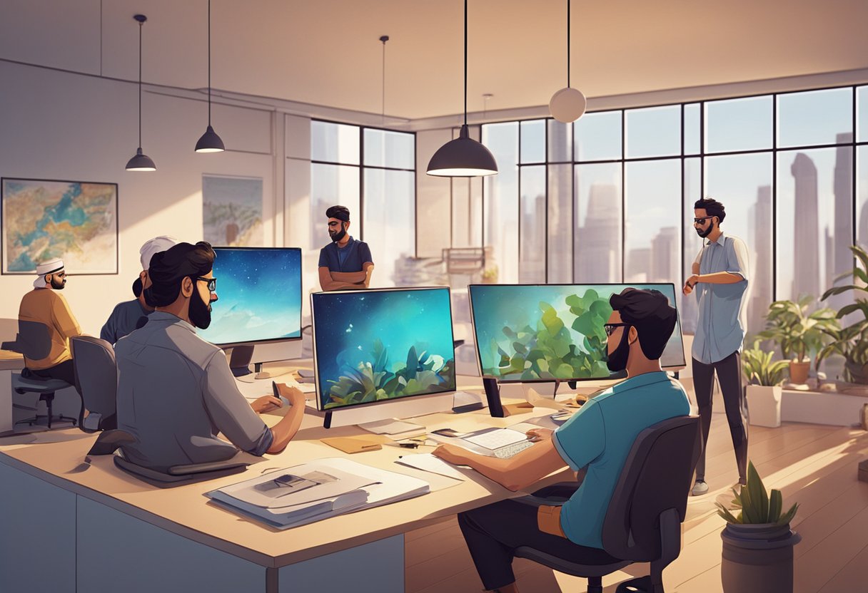 A group of Kuwaiti animators working on digital animation projects in a modern studio setting
