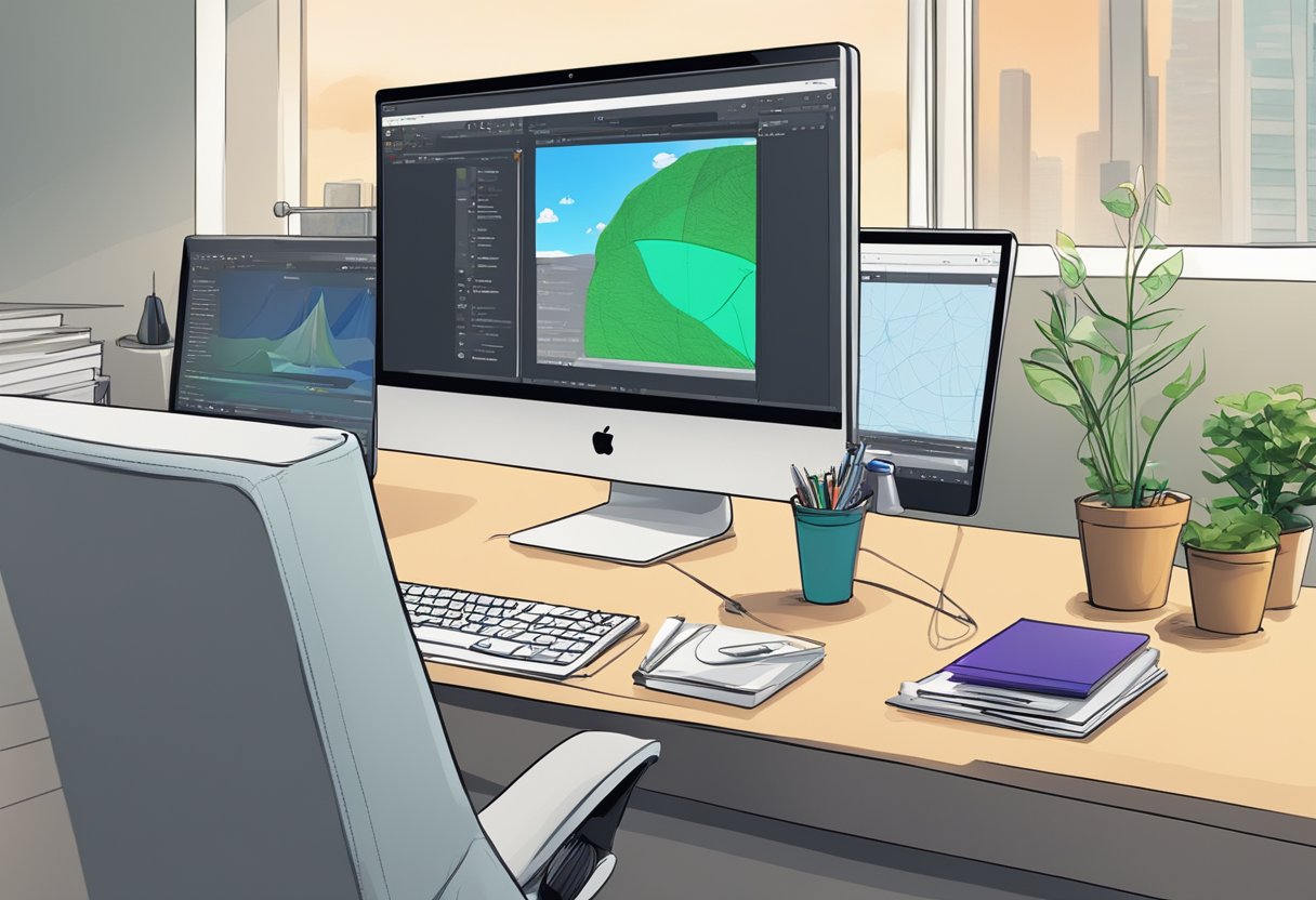 A computer screen displaying animation software with digital drawing tools in a modern Kuwaiti office setting