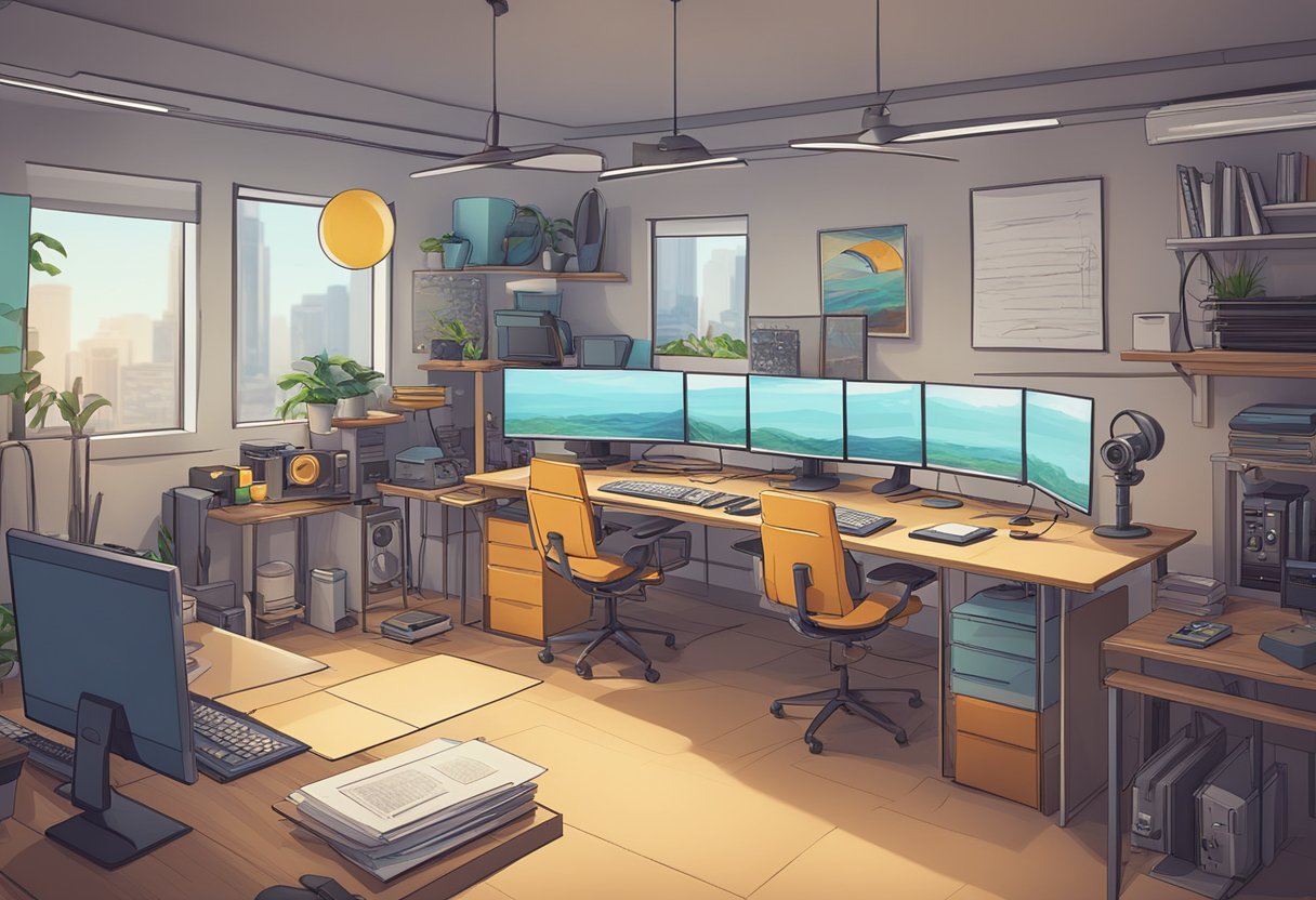 A digital animation studio in Kuwait, with computers and tablets, creating various types of animations such as 2D, 3D, stop-motion, and motion graphics