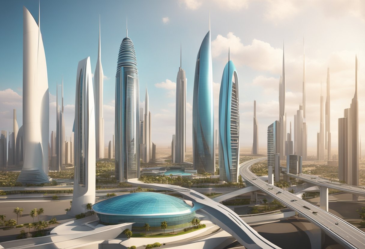 A futuristic cityscape in Kuwait with advanced digital animation technology integrated into the architecture and infrastructure
