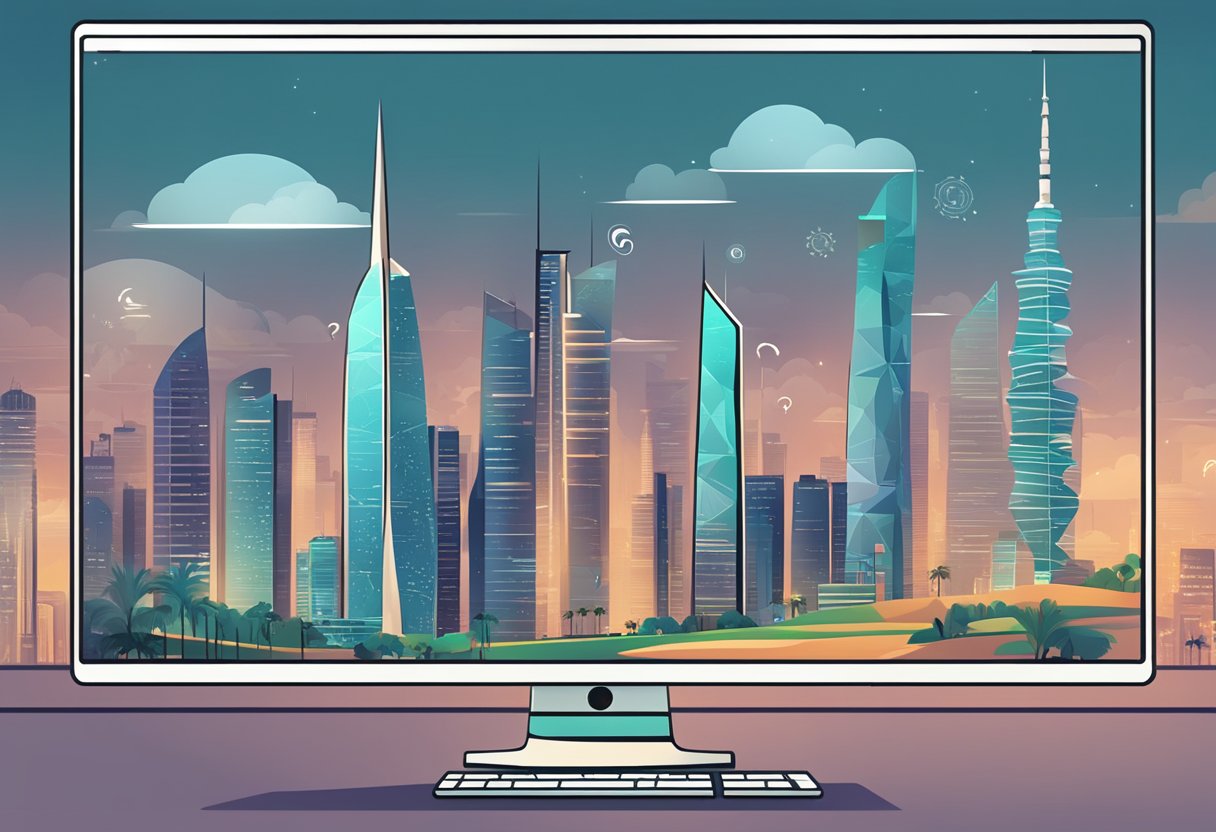 A computer screen displaying a list of frequently asked questions about digital animation in Kuwait, with a stylized background of Kuwait's skyline