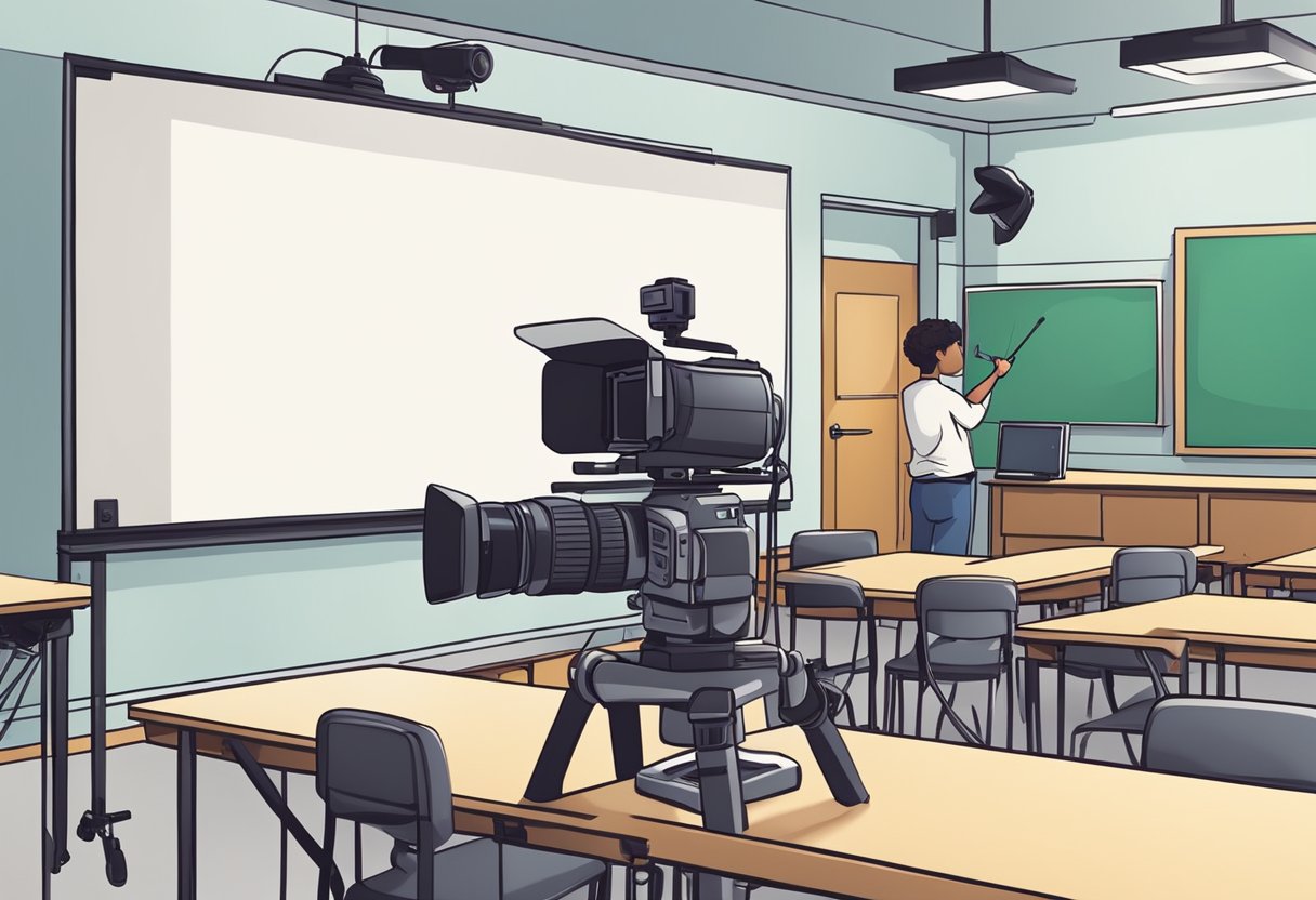 A professional videographer sets up cameras and lighting in a classroom setting, with a whiteboard and educational props in the background