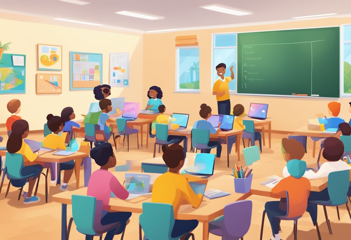 A classroom setting with animated characters teaching and engaging with students, surrounded by educational materials and technology