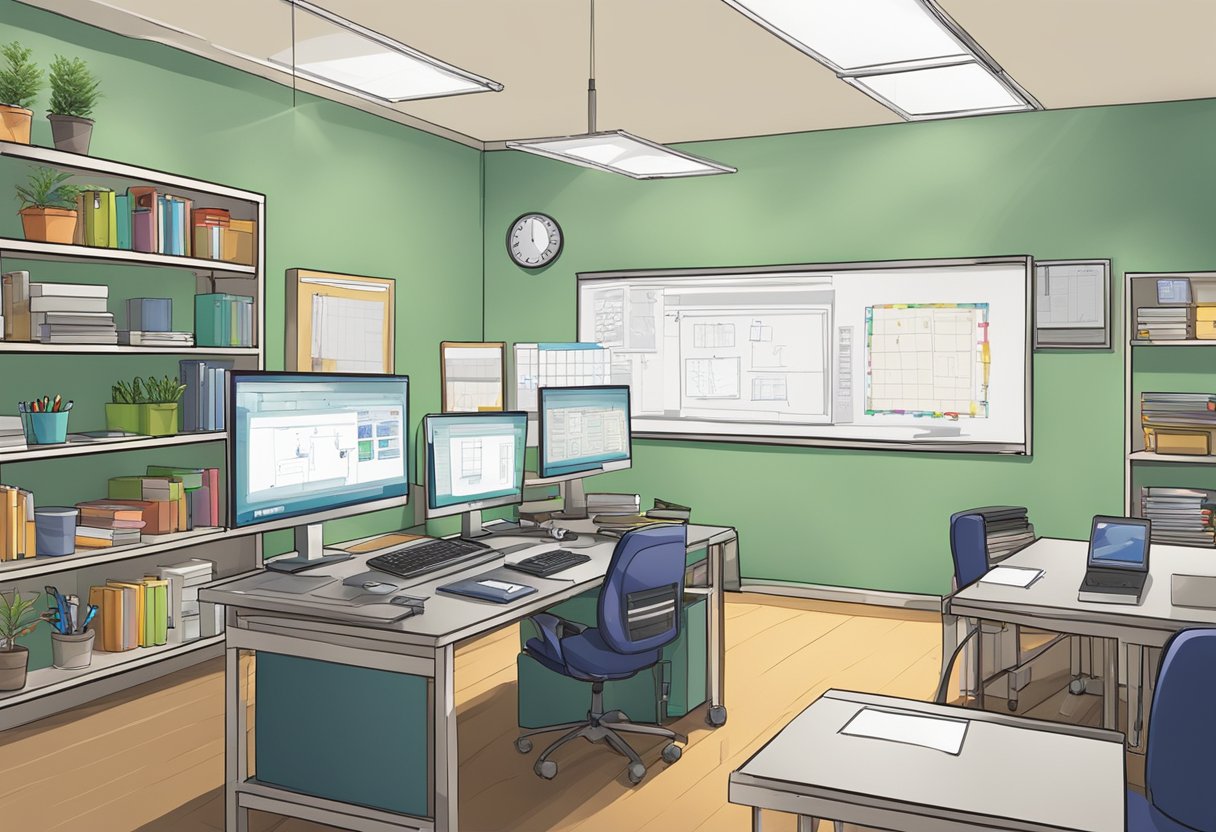 A classroom setting with a whiteboard, computer workstations, and various animation software and tools displayed on shelves