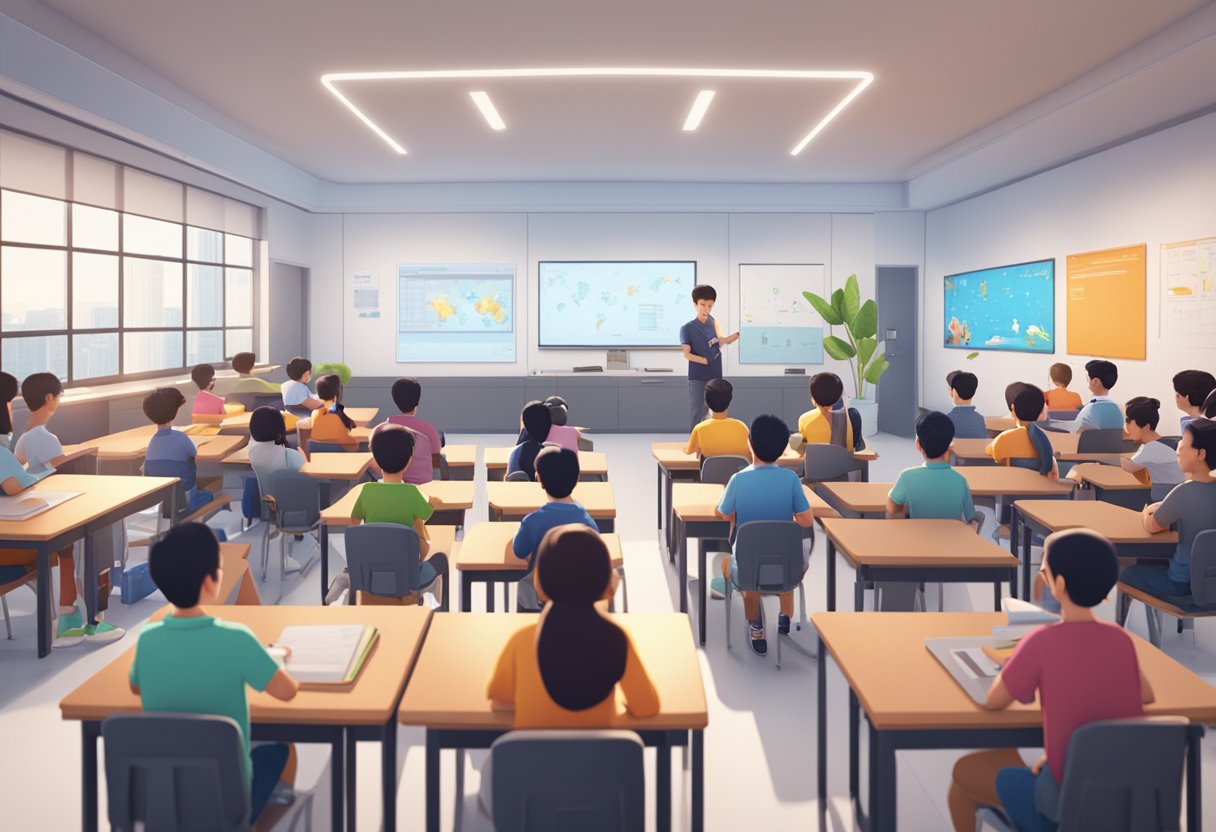 A classroom filled with students watching an educational animation created using Unreal Engine in Singapore
