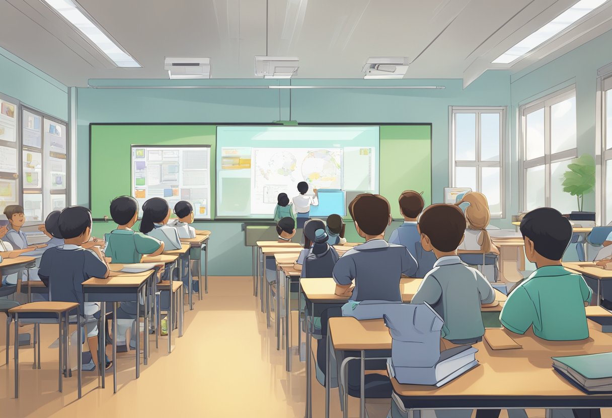 A group of students in a classroom, watching a dynamic and engaging educational animation about science and engineering in Singapore